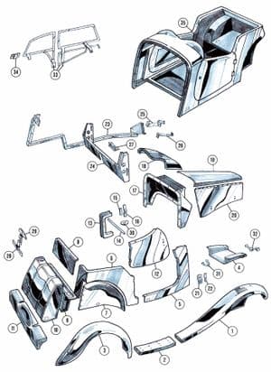 Motorkap, kofferdeksel en montage - MGTD-TF 1949-1955 - MG reserveonderdelen - TD body parts