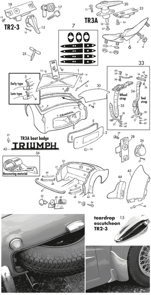 Motorkap, kofferdeksel en montage - Triumph TR2-3-3A-4-4A 1953-1967 - Triumph reserveonderdelen - TR2-3A boot & cockpit