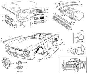 Carrosserie montage - Triumph TR5-250-6 1967-'76 - Triumph reserveonderdelen - Fittings & mirrors TR5