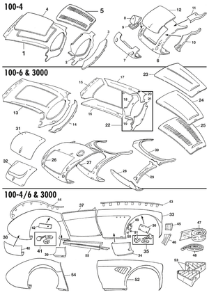 Motorkap, kofferdeksel en montage - Austin Healey 100-4/6 & 3000 1953-1968 - Austin-Healey reserveonderdelen - Outer body panels