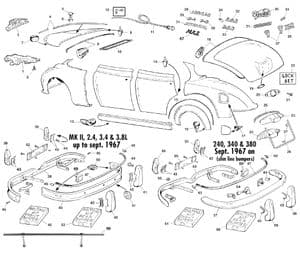 Carrosserie montage - Jaguar MKII, 240-340 / Daimler V8 1959-'69 - Jaguar-Daimler reserveonderdelen - Bonnet, boot, bumpers & chrome