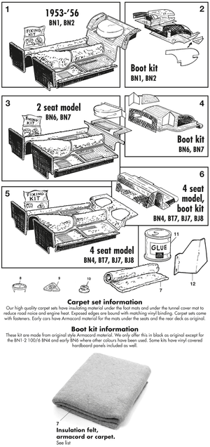 Tapijten en isolatie - Austin Healey 100-4/6 & 3000 1953-1968 - Austin-Healey reserveonderdelen - Carpet sets and boot lining