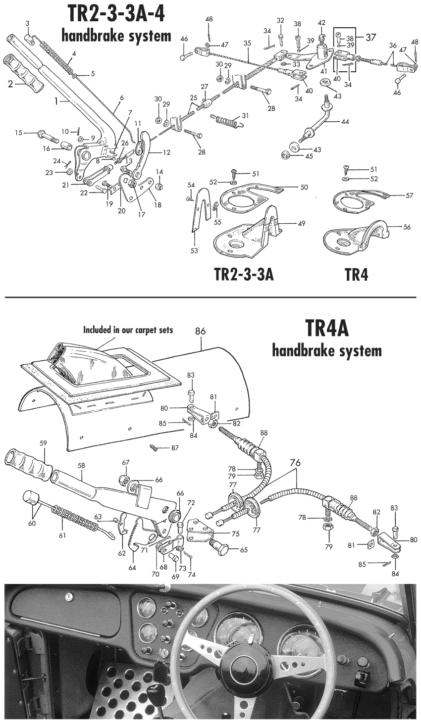 Triumph TR2-3-3A-4-4A 1953-1967 - Handbrake handles & gearstick gaiters - Handbrake system - 1