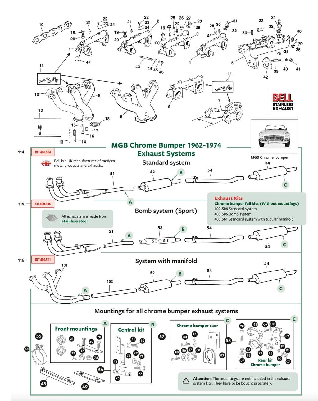 MGB 1962-1980 - Exhaust Manifolds & Headers - Exhaust & manifolds chrome bumper 1962-1974 - 1