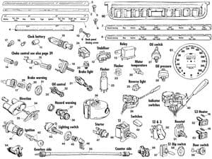 spanningsregelaars, relais, zekeringen - Jaguar E-type 3.8 - 4.2 - 5.3 V12 1961-1974 - Jaguar-Daimler reserveonderdelen - Switches, lamps & cable