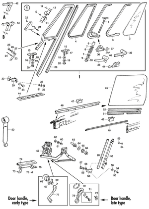 Korin kiinnikkeet & tarvikkeet - Austin-Healey Sprite 1964-80 - Austin-Healey varaosat - Door windows & system