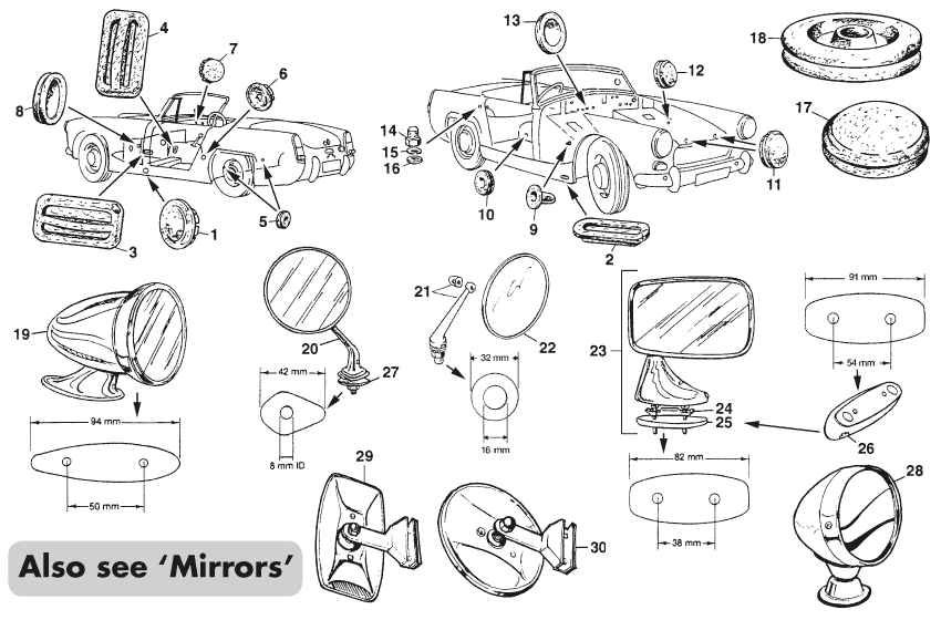Grommets, plugs & mirrors - gumy a těsnění karoserie - Karoserie & podvozek - MG Midget 1964-80 - Grommets, plugs & mirrors - 1