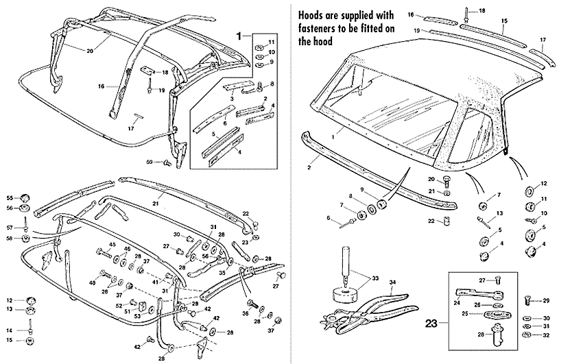 Triumph TR5-250-6 1967-'76 - Hoods | Webshop Anglo Parts - Hood frame & hood - 1