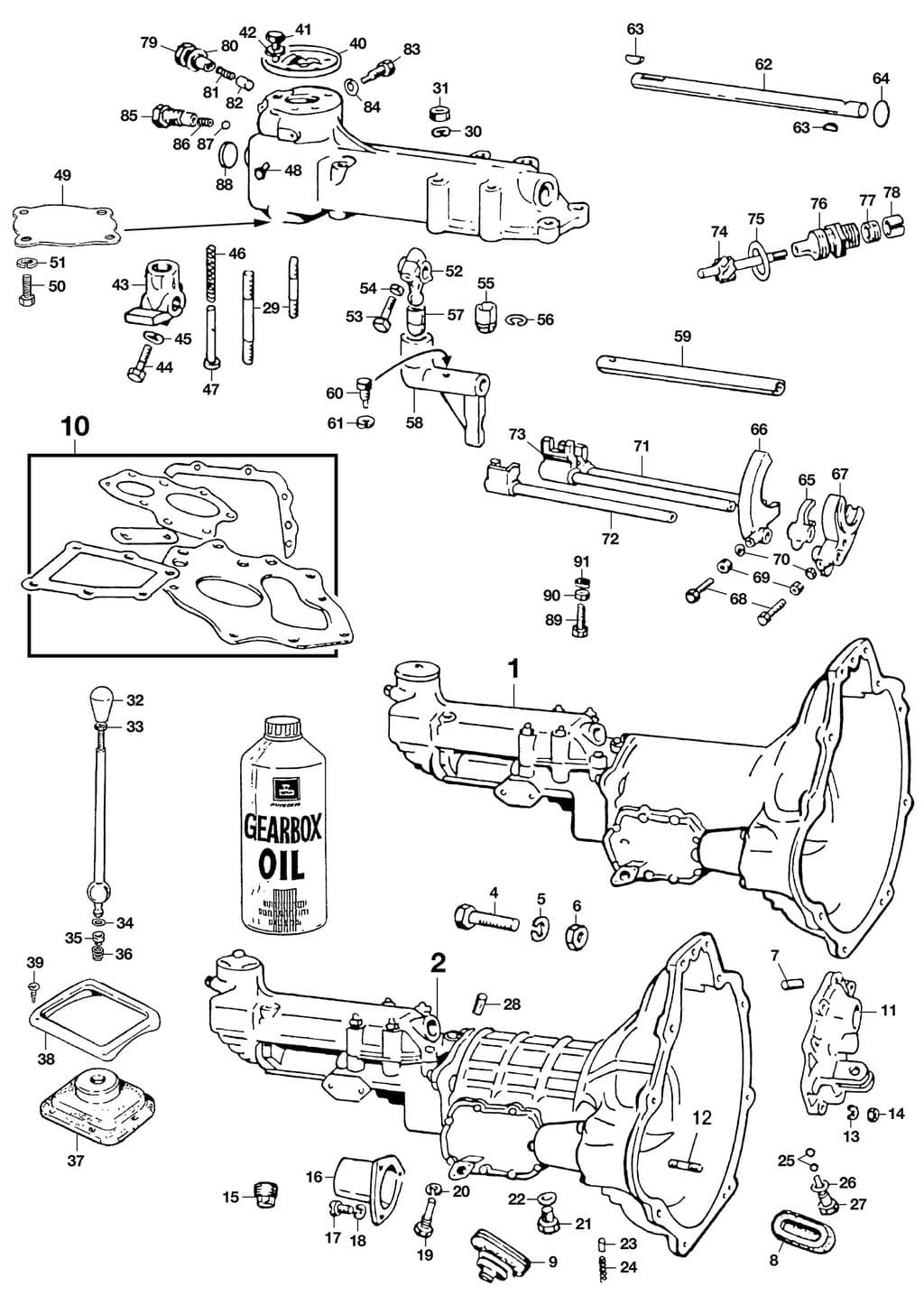 Morris Minor 1956-1971 - Handbrake handles & gearstick gaiters - Gearbox assembly - 1