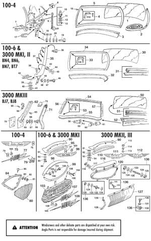 Korin kiinnikkeet & tarvikkeet - Austin Healey 100-4/6 & 3000 1953-1968 - Austin-Healey varaosat - Windscreens & grills