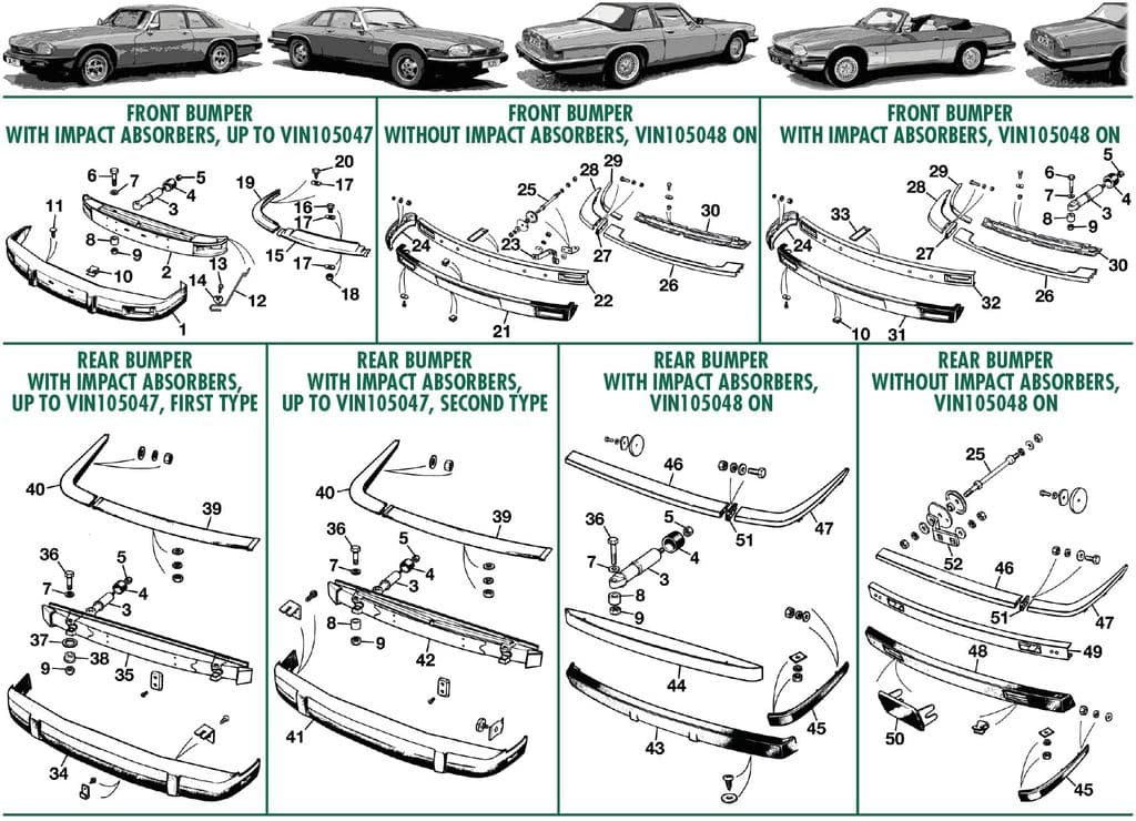 Jaguar XJS - Bumpers & rubbing strips | Webshop Anglo Parts - Bumpers pre facelift - 1
