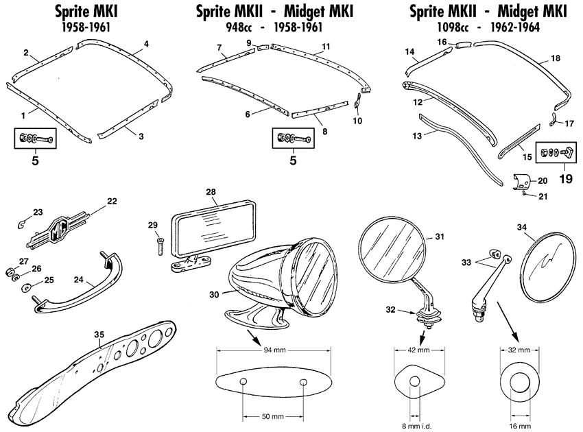 MG Midget 1958-1964 - Dashboards | Webshop Anglo Parts - Cockpit mouldings & mirrors - 1