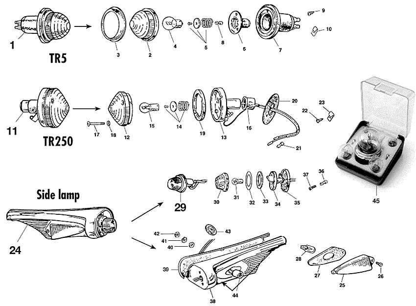 Triumph TR5-250-6 1967-'76 - Lenses | Webshop Anglo Parts - Front lamps TR5/250 - 1