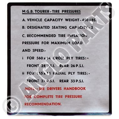 LABEL, TIRE PRESSURE / MGB -75 - MGB 1962-1980