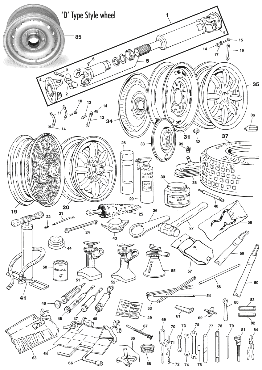 Austin Healey 100-4/6 & 3000 1953-1968 - Universal joint - Propshaft, wheels & tools - 1