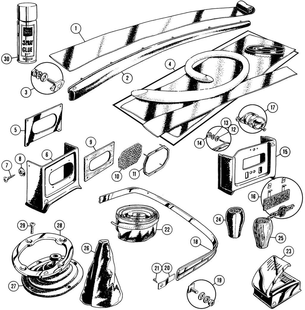 MGC 1967-1969 - Páka ruční brzdy a knoflíky řadicí páky - 1