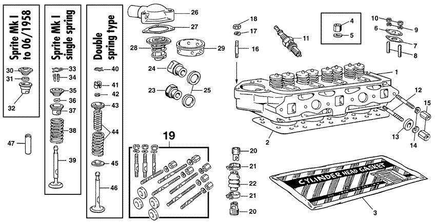 MG Midget 1958-1964 - Engine valves | Webshop Anglo Parts - Cylinder head - 1