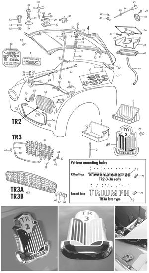 Interne carrosseriedelen - Triumph TR2-3-3A-4-4A 1953-1967 - Triumph reserveonderdelen - TR2-3A bonnet & fittings