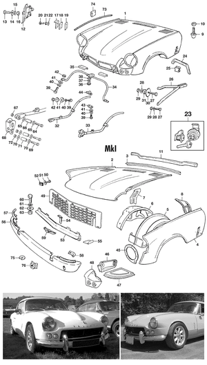 Pokrywa silnika, bagażnika + elementy instalacji (osprzęt) - Triumph GT6 MKI-III 1966-1973 - Triumph części zamienne - Bonnet & grille MKI