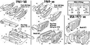 Belysning - Jaguar E-type 3.8 - 4.2 - 5.3 V12 1961-1974 - Jaguar-Daimler reservdelar - Front & rear lamps