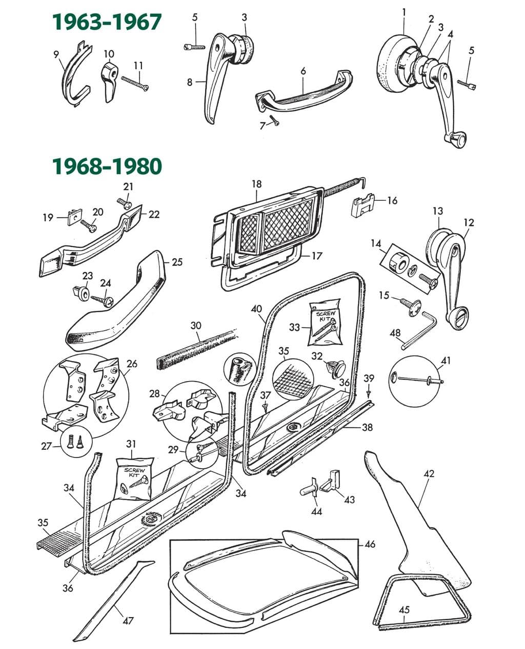 MGB 1962-1980 - Pièces intérieures de porte de voiture - Joints de porte, poignées et pièces de finition - 1