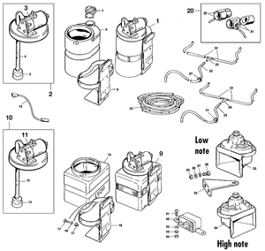 escobillas, motores y sistema de limpiaparabrisas - Triumph TR5-250-6 1967-'76 - Triumph piezas de repuesto - Windscreen washer & horns