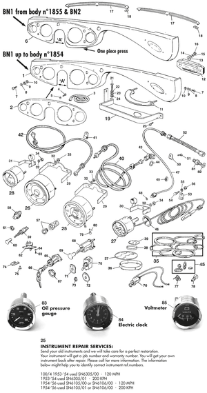 salpicaderos y componentes - Austin Healey 100-4/6 & 3000 1953-1968 - Austin-Healey piezas de repuesto - Dash instruments & swtiches 4 cyl