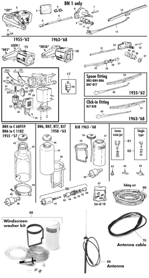 escobillas, motores y sistema de limpiaparabrisas - Austin Healey 100-4/6 & 3000 1953-1968 - Austin-Healey piezas de repuesto - Wiper & washer installation