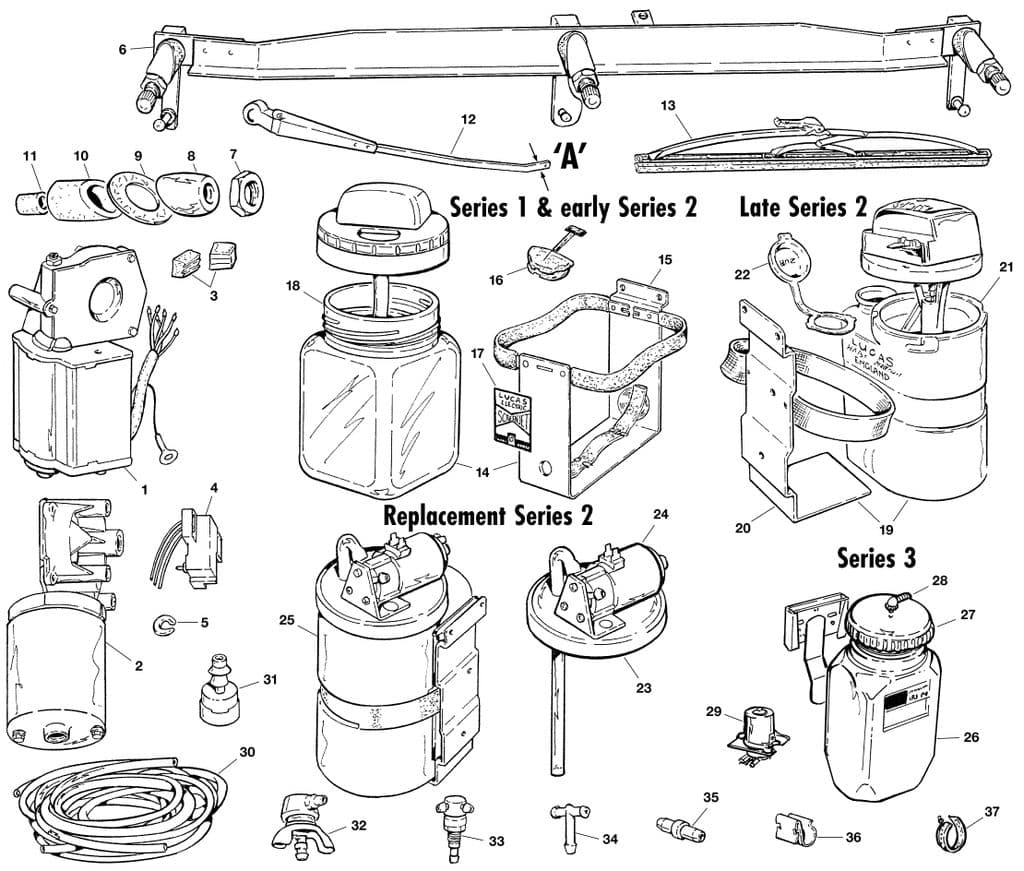 Jaguar E-type 3.8 - 4.2 - 5.3 V12 1961-1974 - Water containers - Wipers & washer installation - 1
