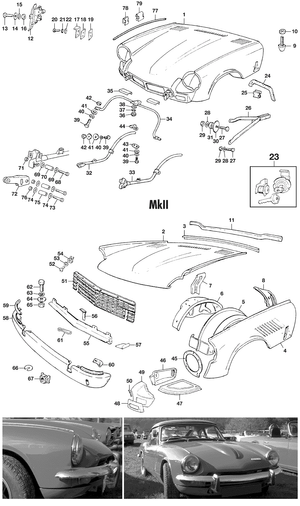 Pokrywa silnika, bagażnika + elementy instalacji (osprzęt) - Triumph GT6 MKI-III 1966-1973 - Triumph części zamienne - Bonnet & grille MKII