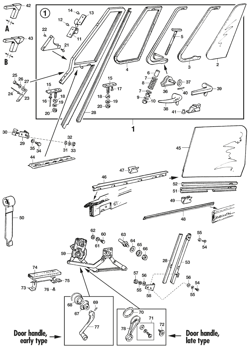MG Midget 1964-80 - Ruitbediening, motoren, hendels en onderdelen - 1