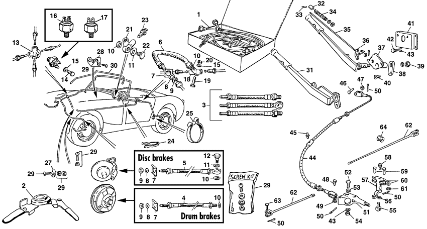 MG Midget 1958-1964 - Hand brake cables - Brake lines & handbrake - 1