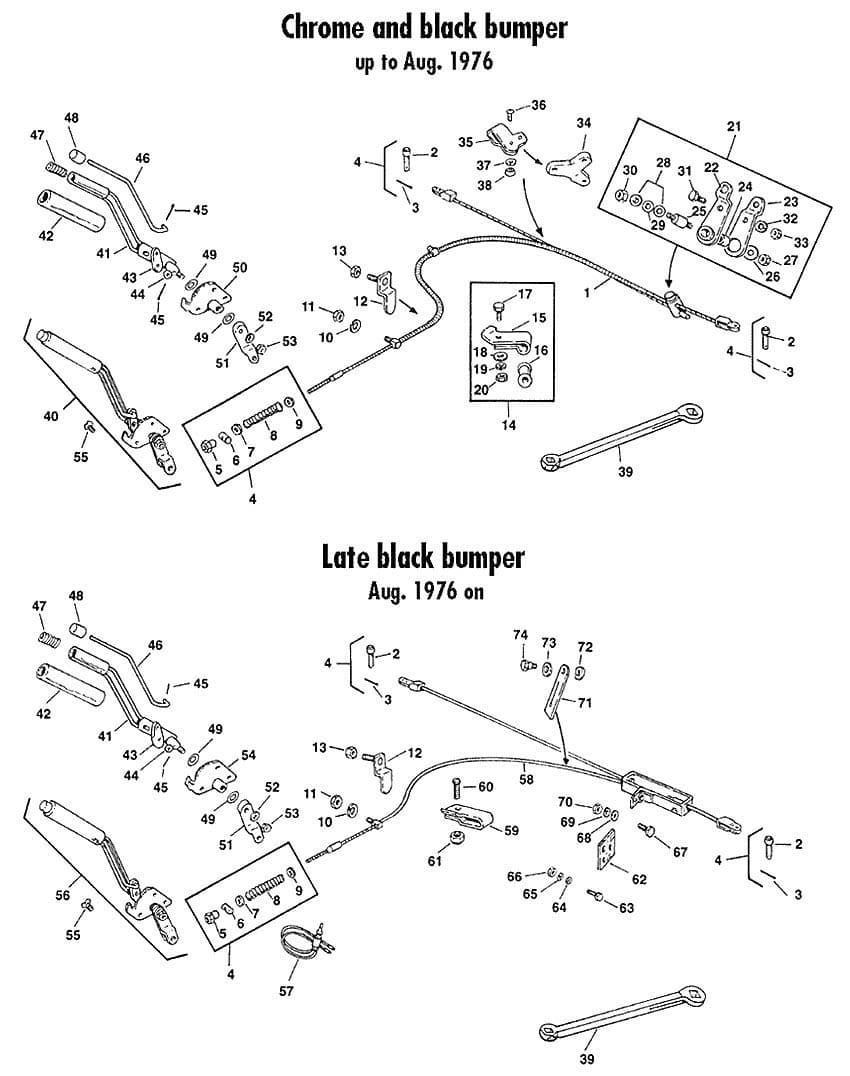 MGB 1962-1980 - Páka ruční brzdy a knoflíky řadicí páky - 1
