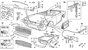 Motorkap, kofferdeksel en montage - Triumph TR5-250-6 1967-'76 - Triumph reserveonderdelen - Bonnet fittings, grille TR6