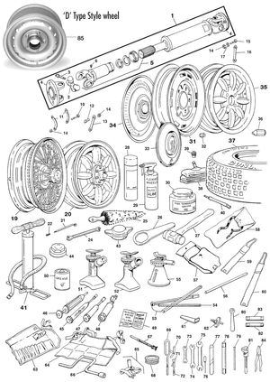 Peltivanteet & tarvikkeet - Austin Healey 100-4/6 & 3000 1953-1968 - Austin-Healey varaosat - Propshaft, wheels & tools