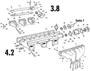 Pakosarjat 6 cil - Jaguar E-type 3.8 - 4.2 - 5.3 V12 1961-1974 - Jaguar-Daimler varaosat - Manifolds 6 cyl