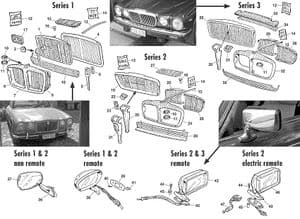 Puskurit, maskit & korin kromit - Jaguar XJ6-12 / Daimler Sovereign, D6 1968-'92 - Jaguar-Daimler varaosat - Grills & mirrors