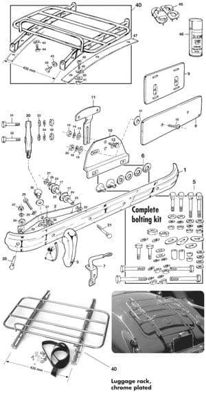 Pare-chocs, calandre et finitions exterieures - MGA 1955-1962 - MG pièces détachées - Rear bumper & luggage rack