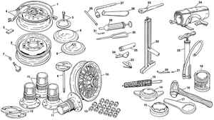 Peltivanteet & tarvikkeet - Austin-Healey Sprite 1958-1964 - Austin-Healey varaosat - Wheels & original tools